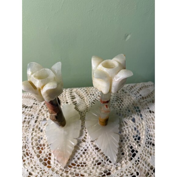 Vintage MCM Carved Onyx Flower Candle Stick Holders - Picture 15 of 16